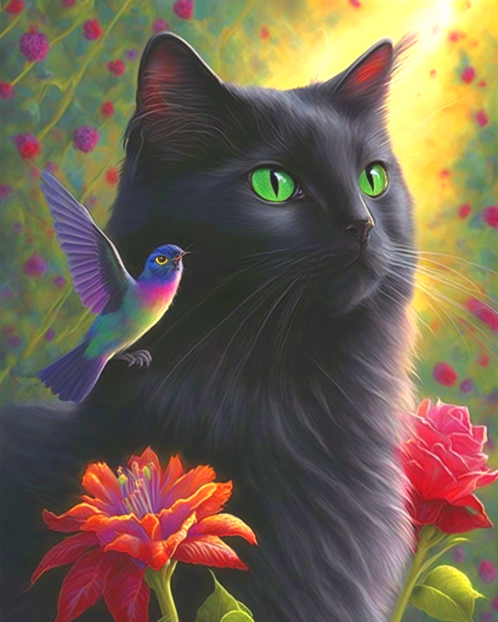 Hummingbird And Black Cat Diamond Art Kit