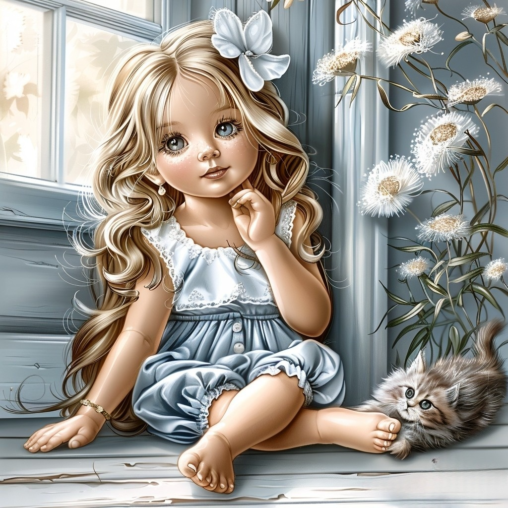 Little Girl By The Window Kitten Diamond Art Kit
