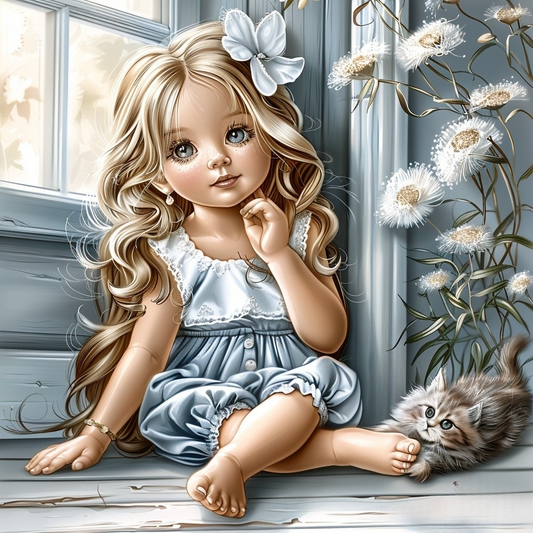 Little Girl By The Window Kitten Diamond Art Kit