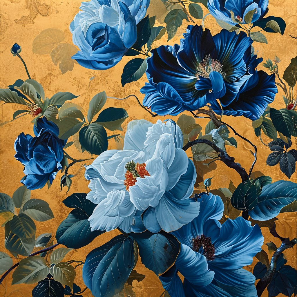 Blue Flowers On Gold Diamond Art Kit