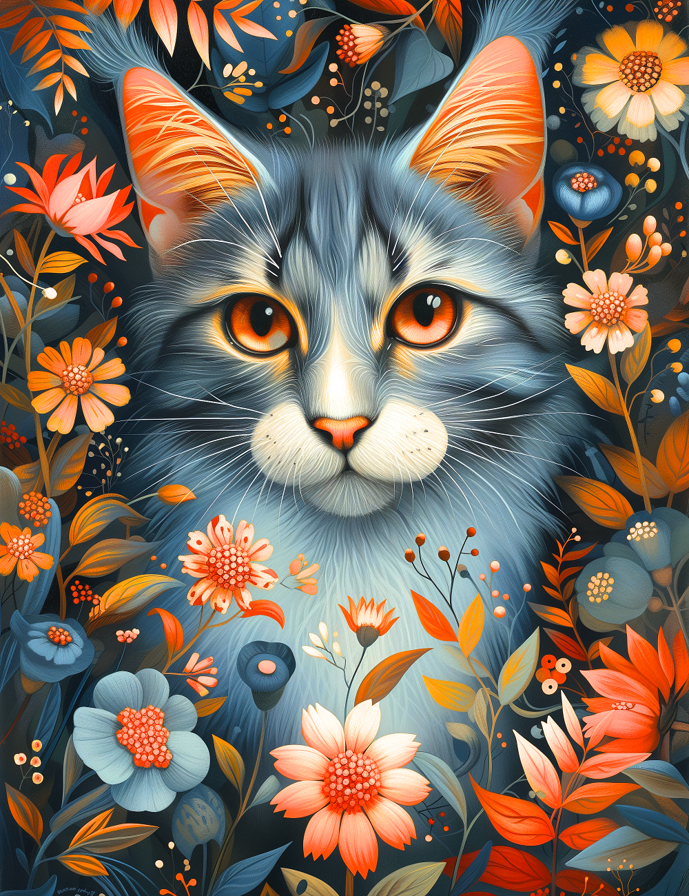 Gray Cat In Orange Flowers Diamond Art Kit
