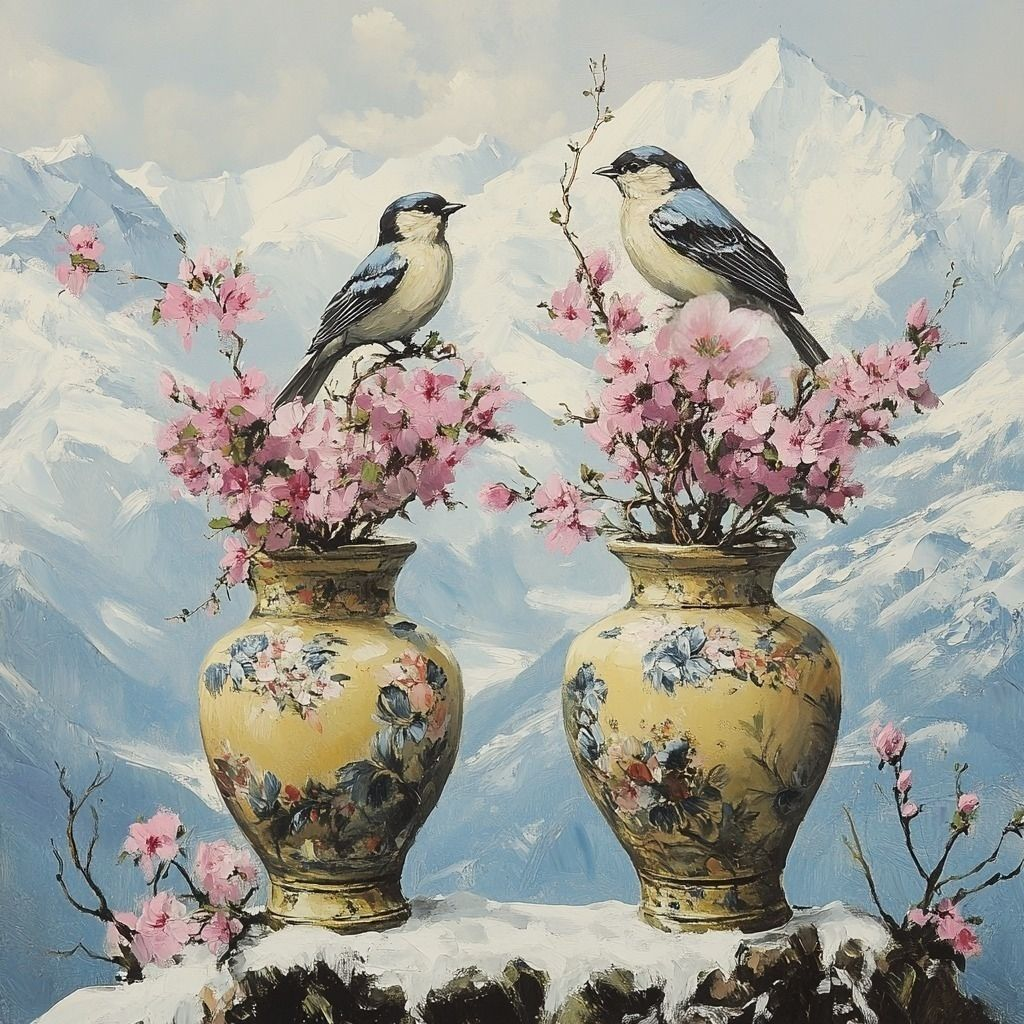 Yellow Flower Vases Mountain Birds Diamond Art Kit