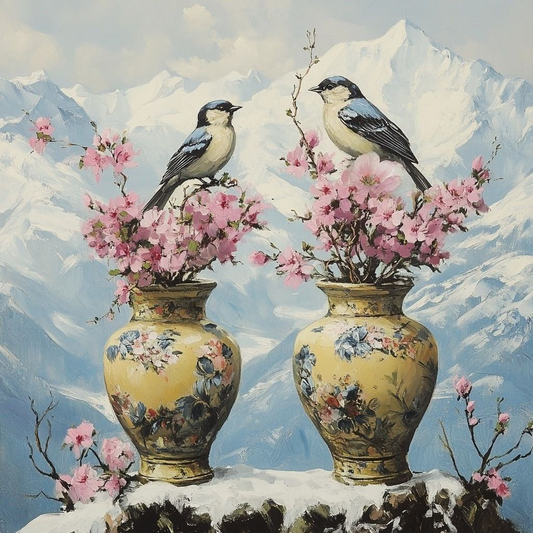Yellow Flower Vases Mountain Birds Diamond Art Kit
