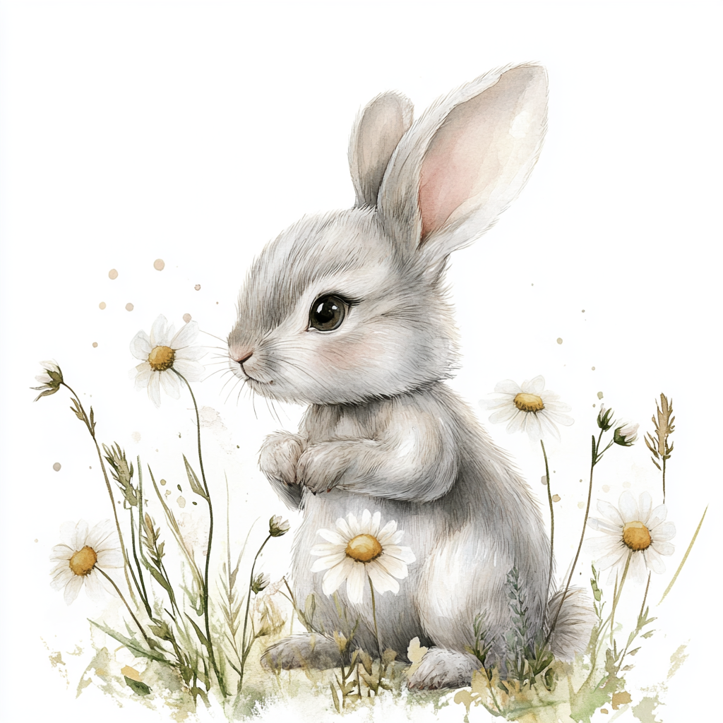 White Daisies Grey Bunny Watercolor Diamond Art Kit