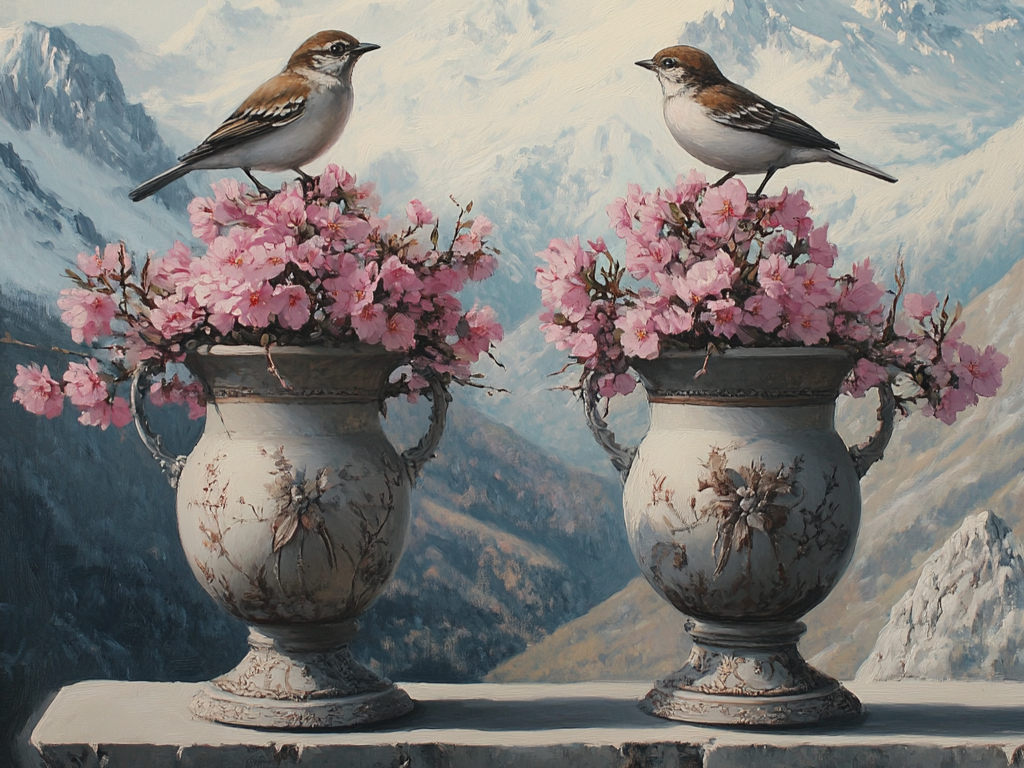 Two Birds Pink Flower In Vases Diamond Art Kit
