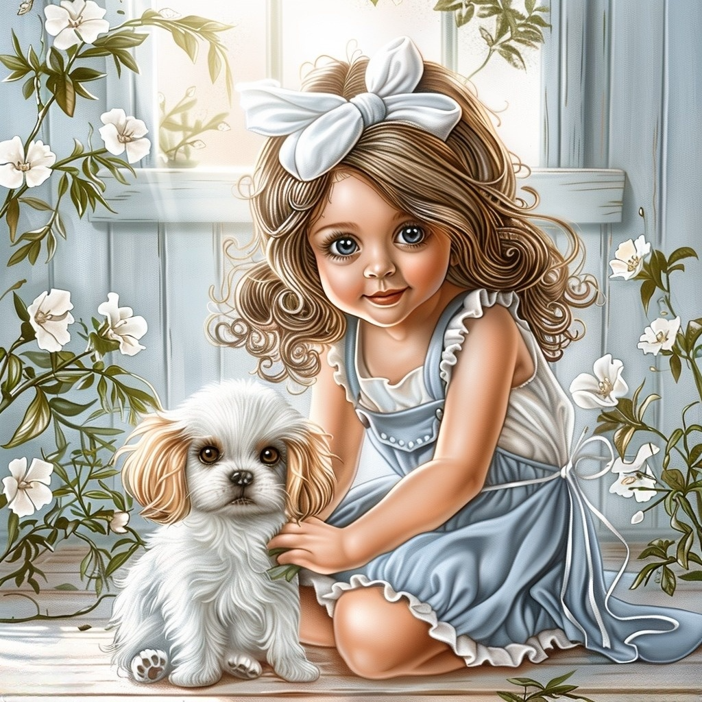 Blue Dress Girl Puppy Diamond Art Kit