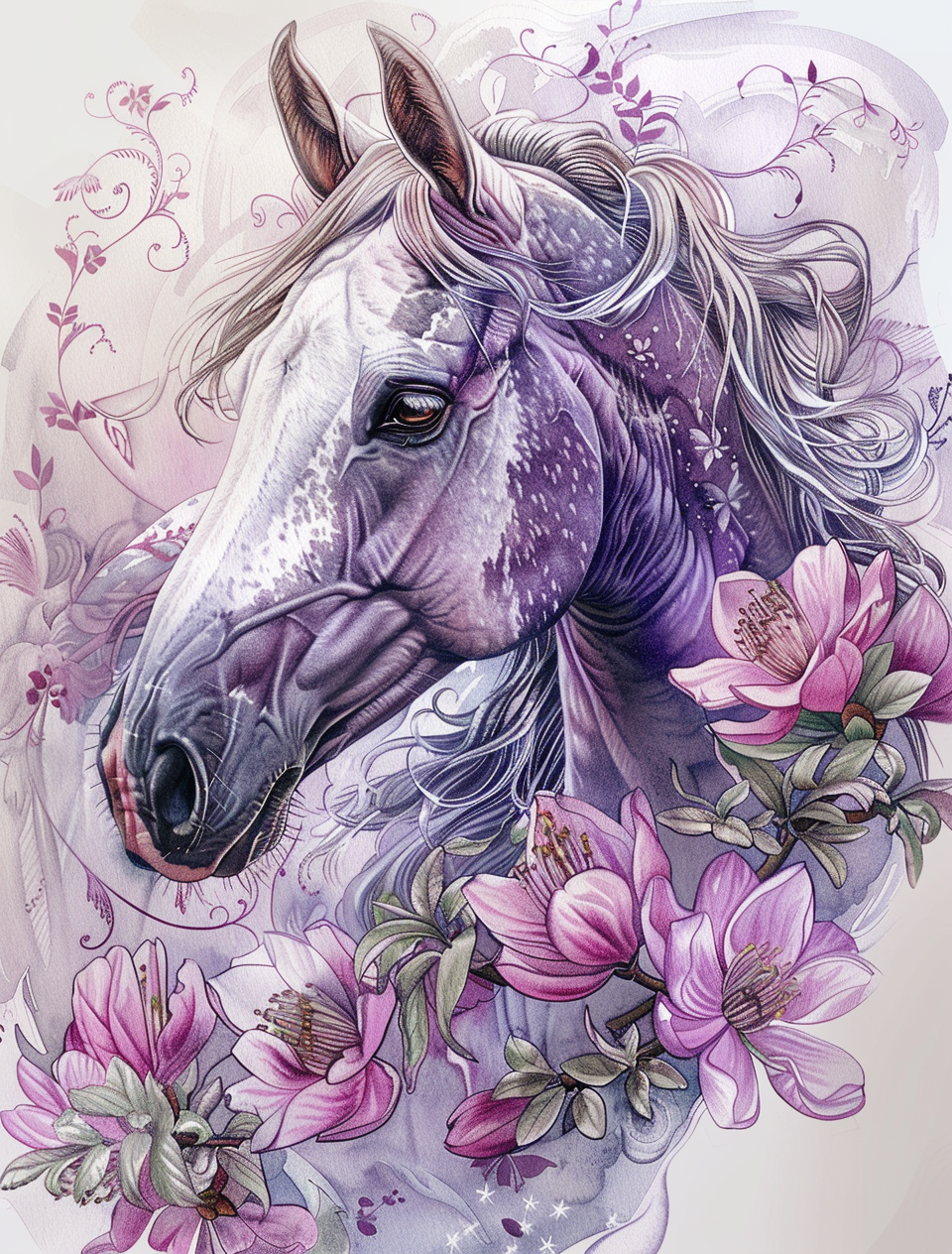 Purple Watercolor Horse And Flowers Diamond Art Kit