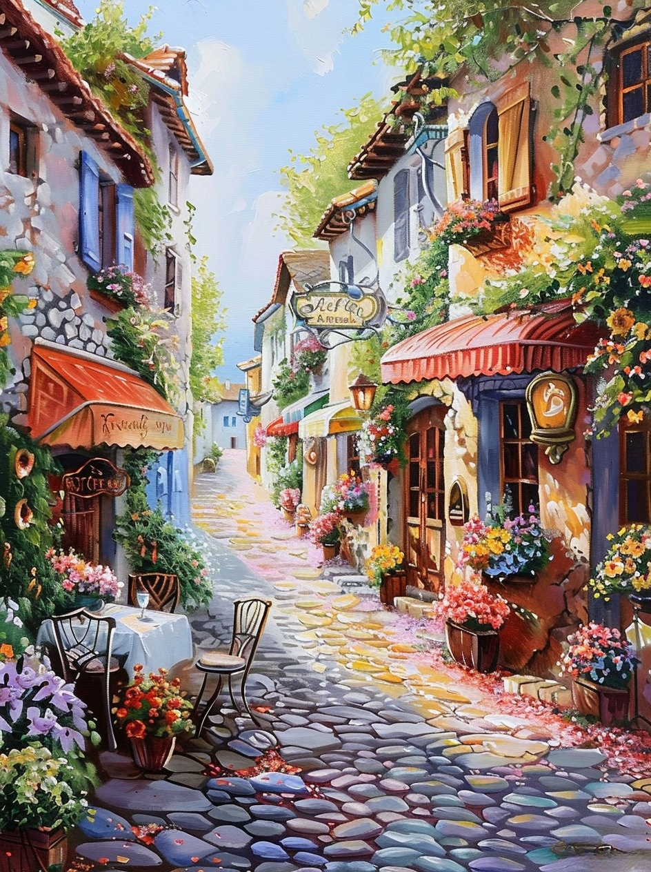 Flowers Lined Street Shops Diamond Art Kit
