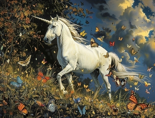 Clouded Sky White Unicorn In Butterflies Diamond Art Kit