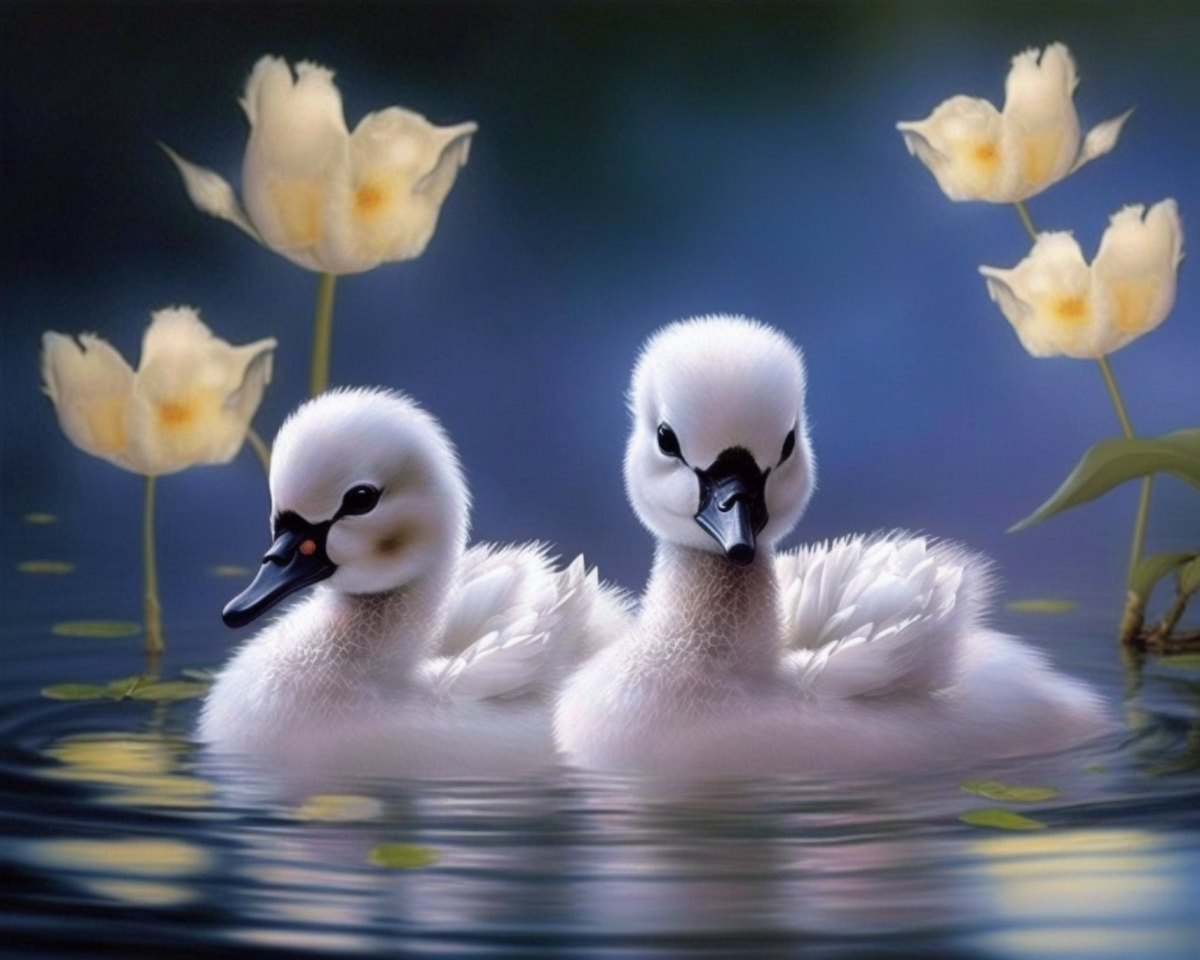 Two White Fluffy Cygnet S Diamond Art Kit