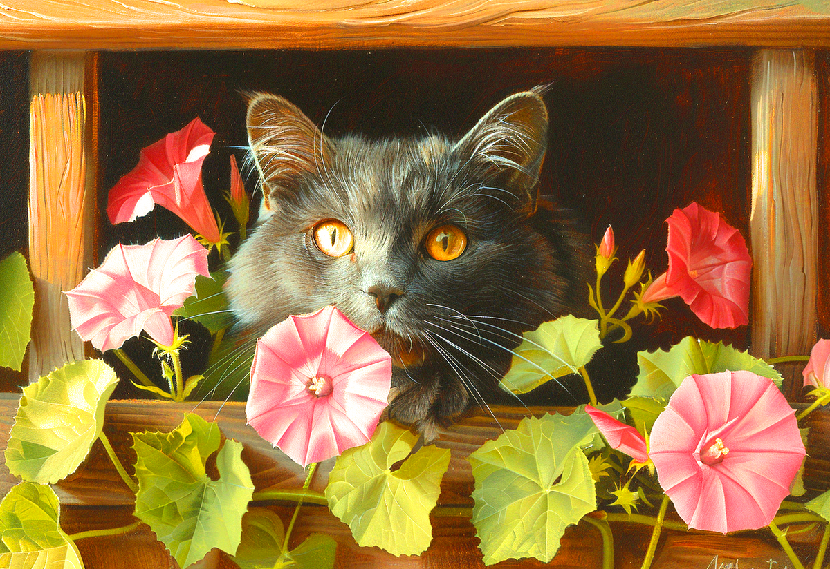 Grey Cat In Pink Flowers Diamond Art Kit