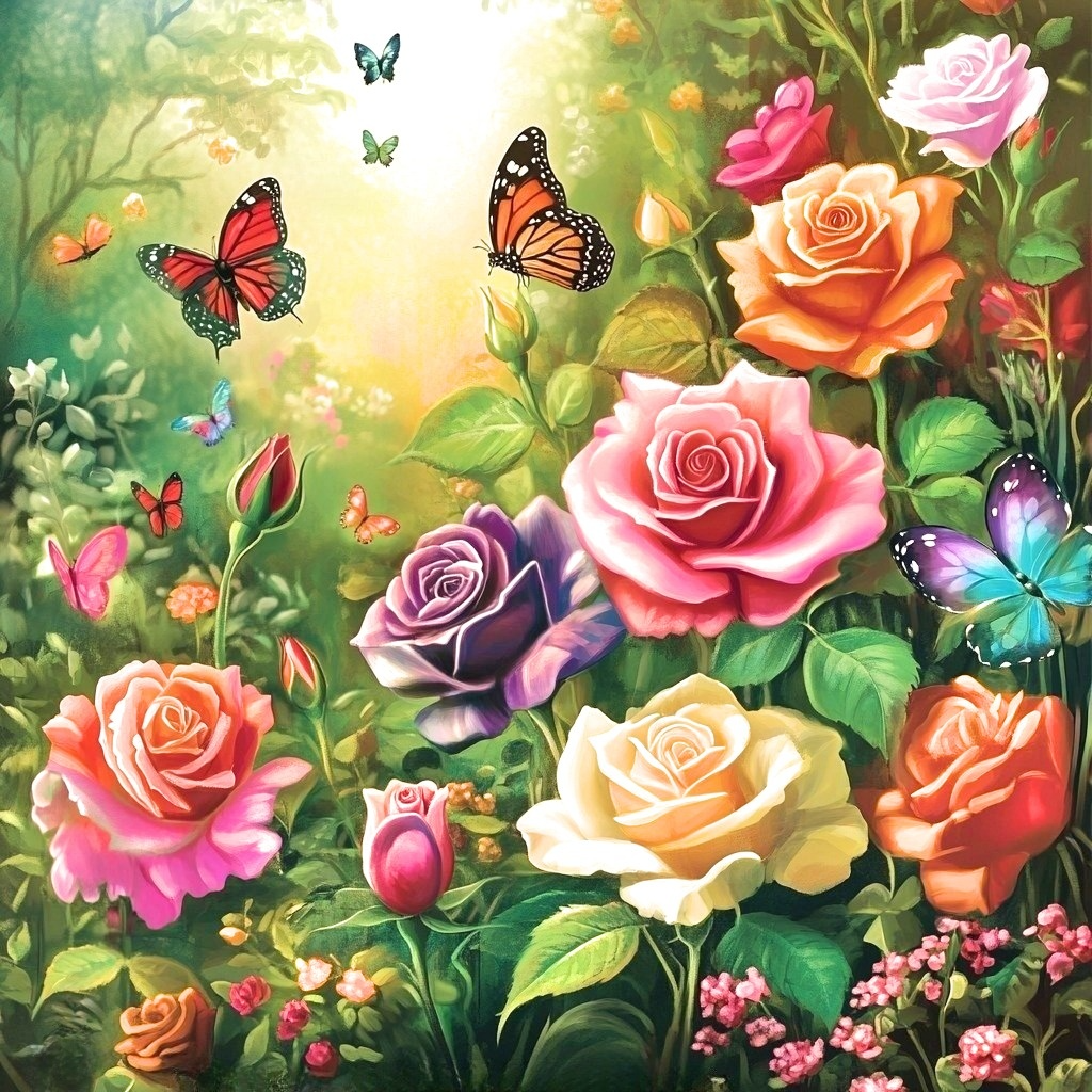 Spring Colorful Roses And Butterflies Diamond Art Kit