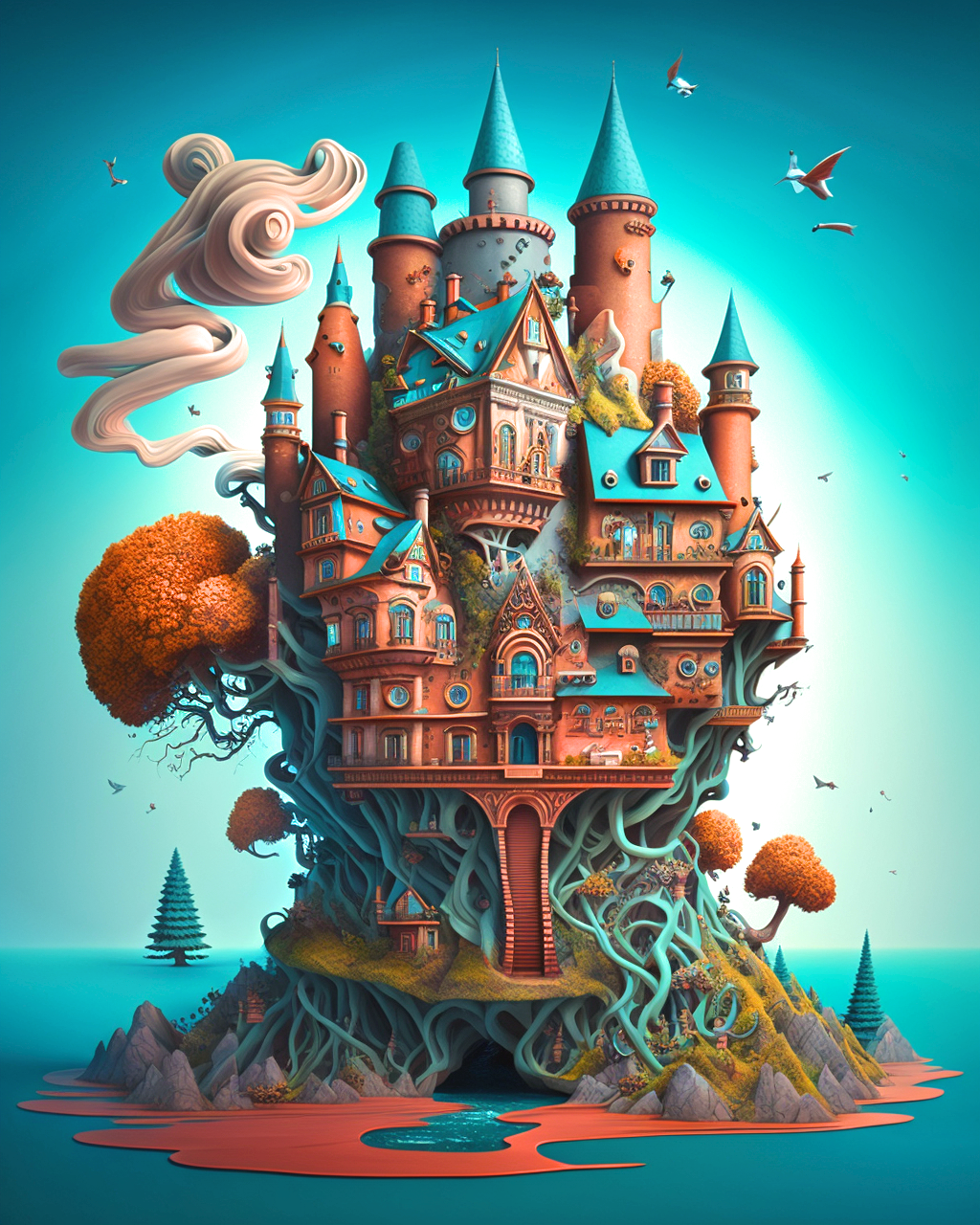Teal Brown Castle Diamond Art Kit