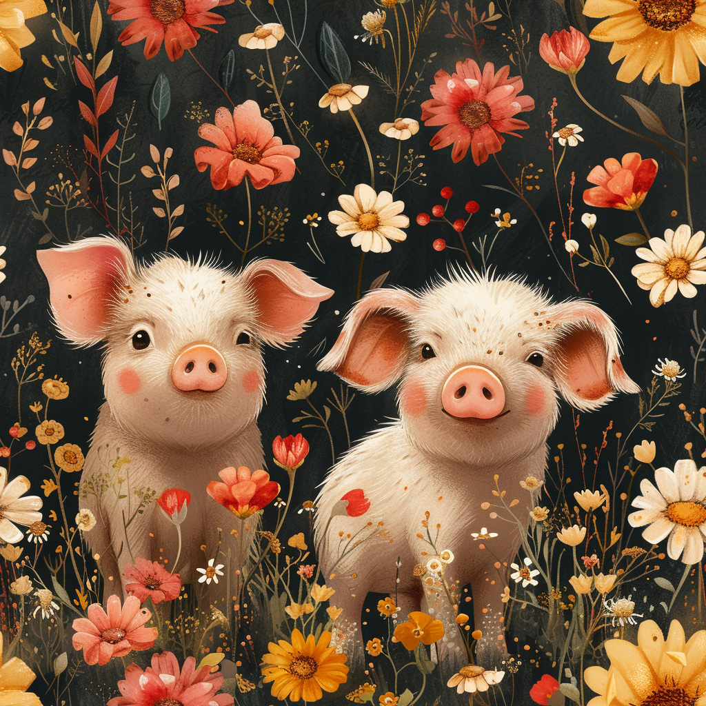 Two Pigs In Flowers Diamond Art Kit