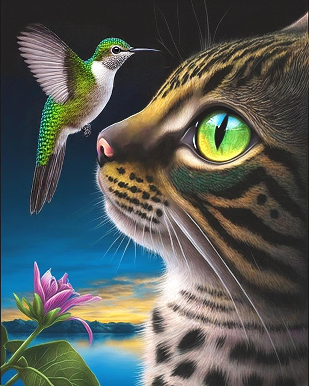 Cat And Hummingbird Diamond Art Kit