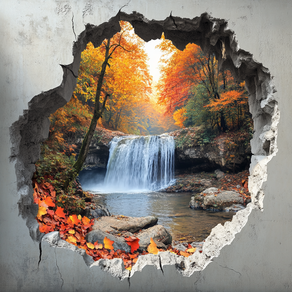 Cement Wall Autumn Forest Waterfalls Diamond Art Kit