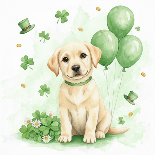 Green Balloons Yellow Labrador Puppy Diamond Art Kit