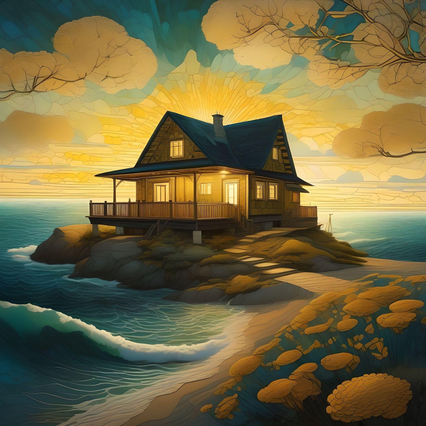 Golden Glow House By The Sea Diamond Art Kit