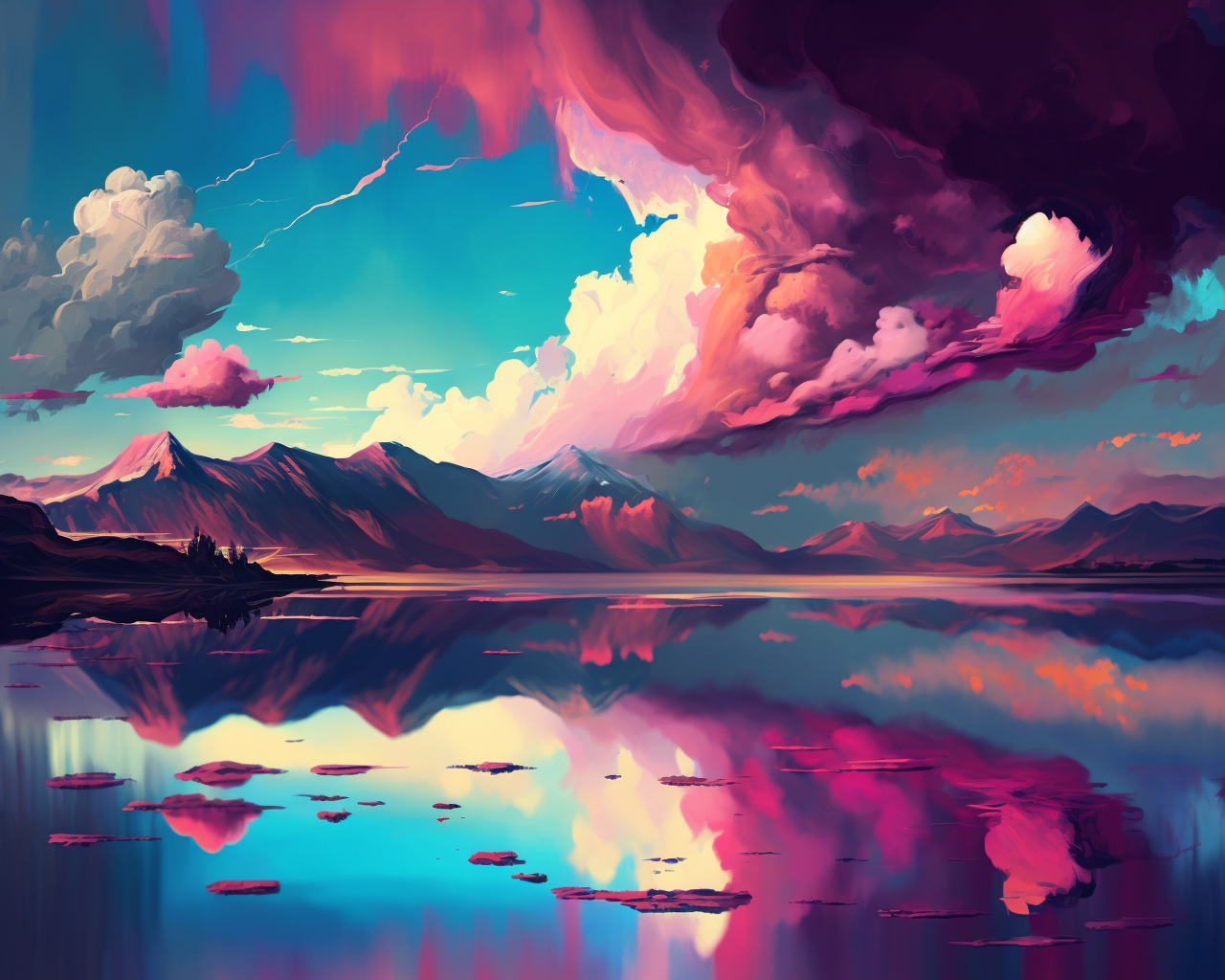 Abstract Pink Cloud Lake Diamond Art Kit