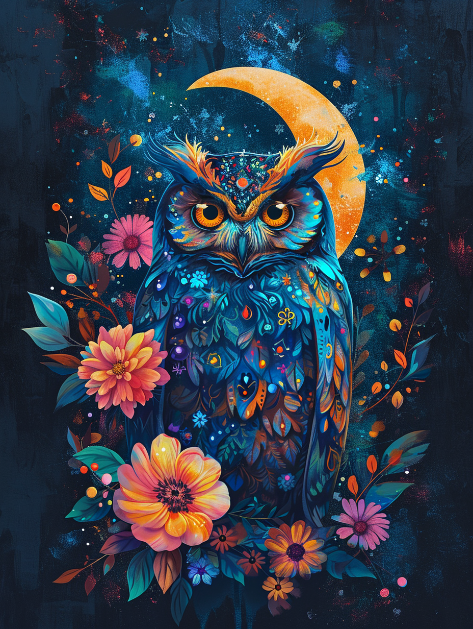 Crescent Moon Owl In Flowers Diamond Art Kit
