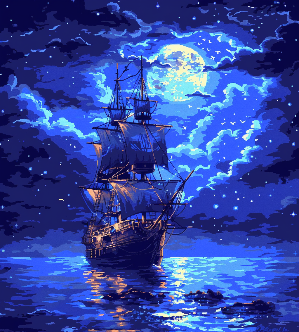 Bright Blue Sky Pirate Ship Diamond Art Kit