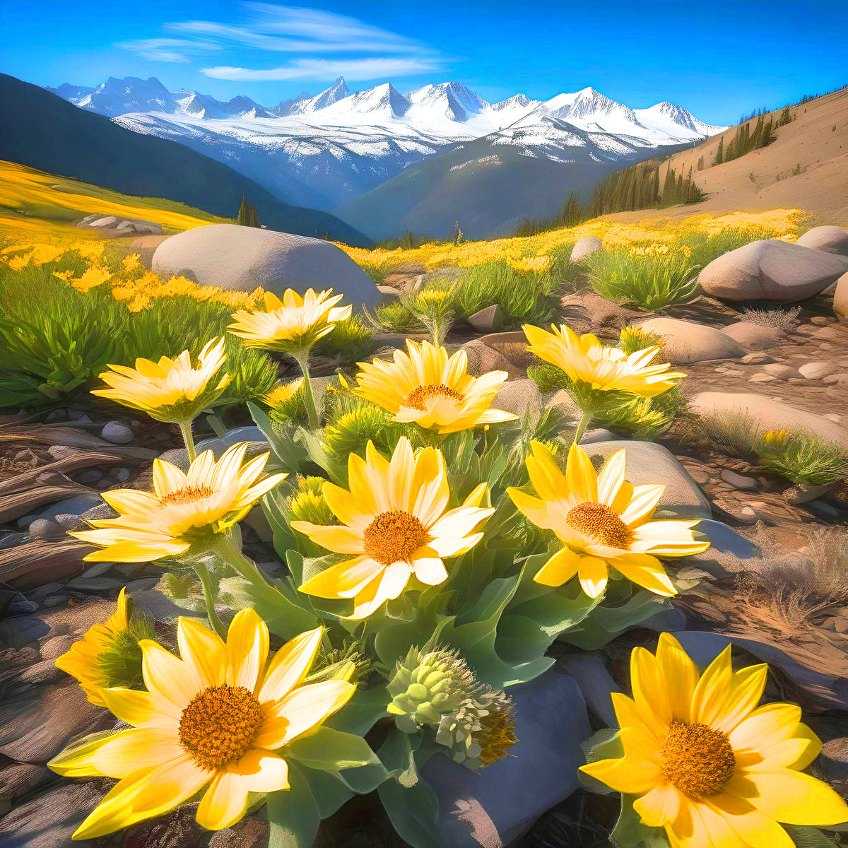 Balsam Root Flowers Snowy Mountains Diamond Art Kit