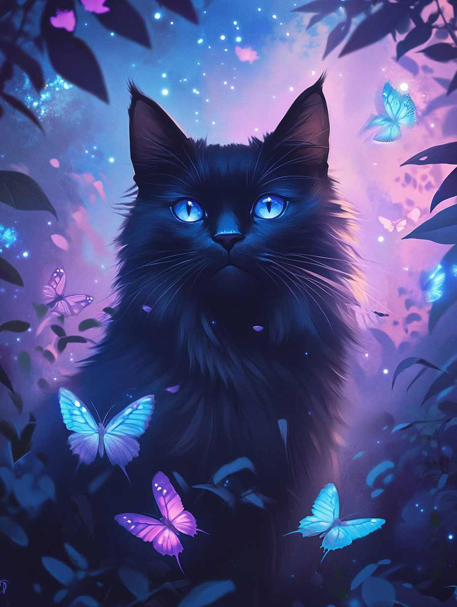 Black Cat Blue Purple Butterflies Diamond Art Kit