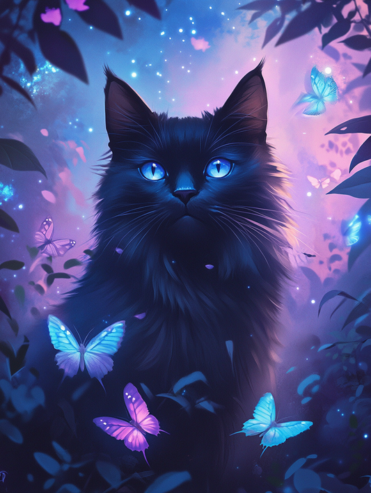 Black Cat Blue Purple Butterflies Diamond Art Kit