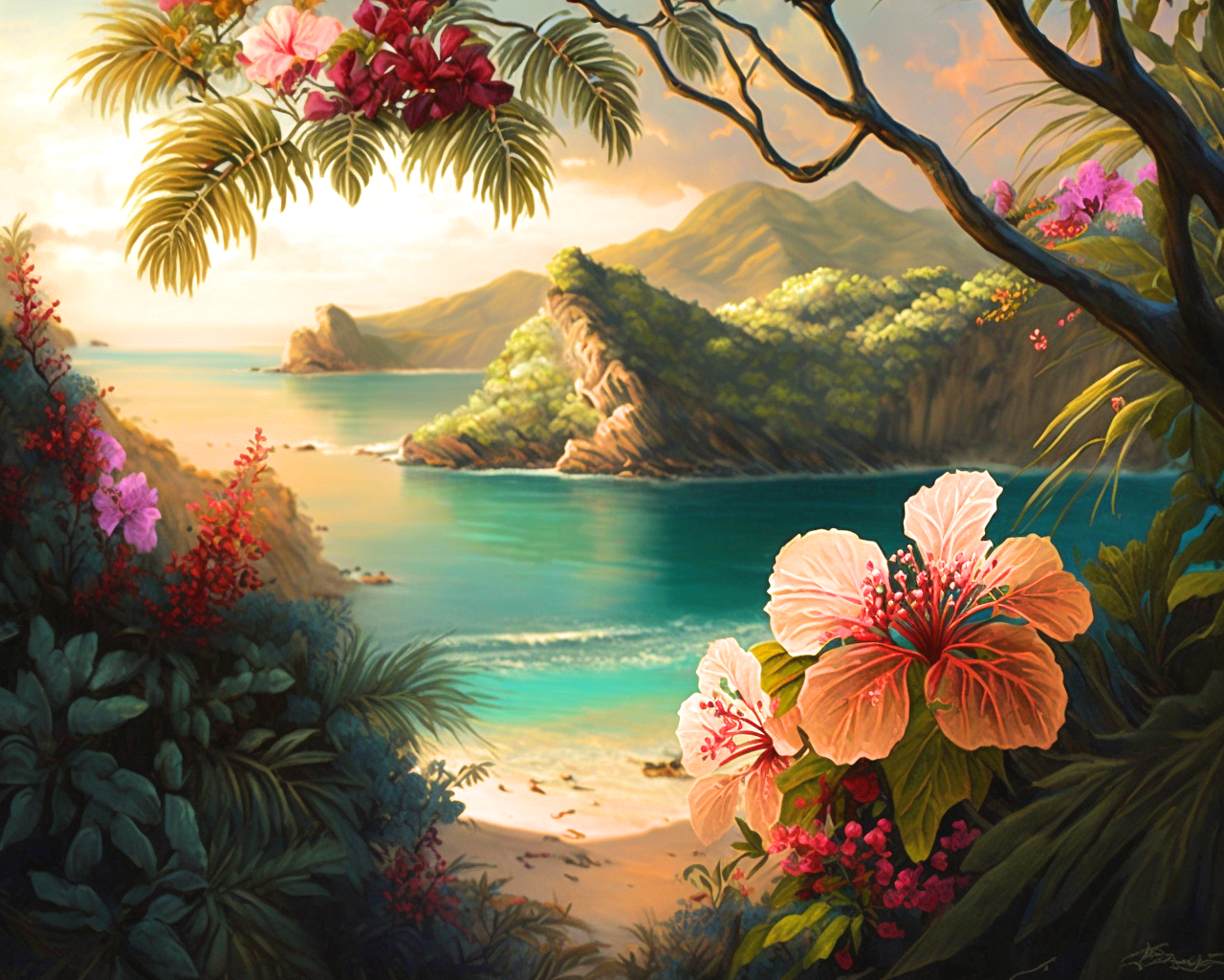 Peach Tropical Flower Beach Scene Diamond Art Kit
