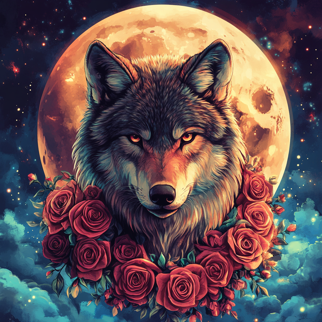 Roses And Moon Wolf Diamond Art Kit