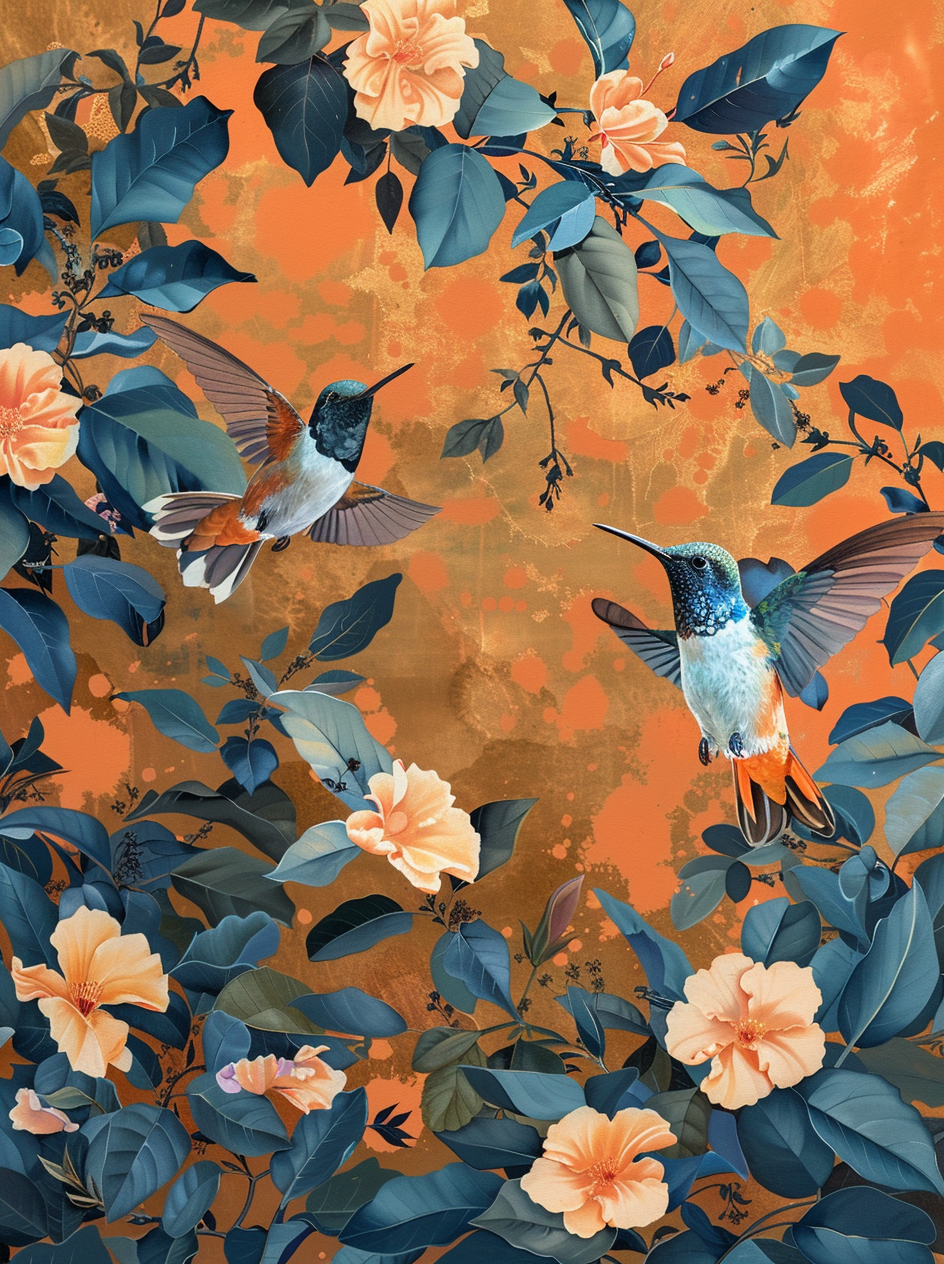 Hummingbirds And Peach Flowers Diamond Art Kit