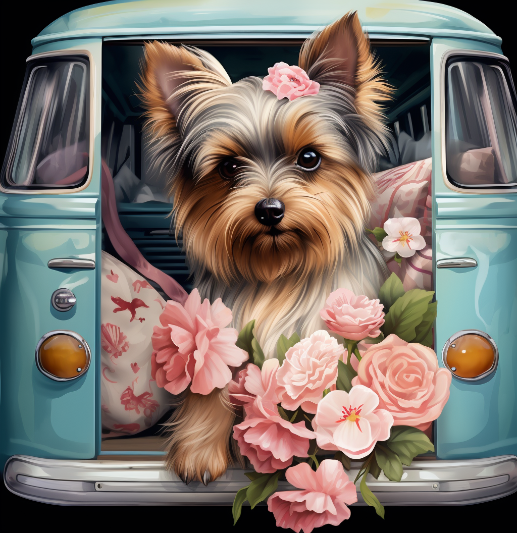Blue Van Yorkie Flowers Diamond Art Kit