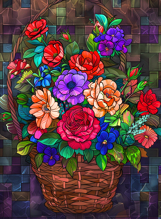 Deep Colored Flowers In A Basket Diamond Art Kit