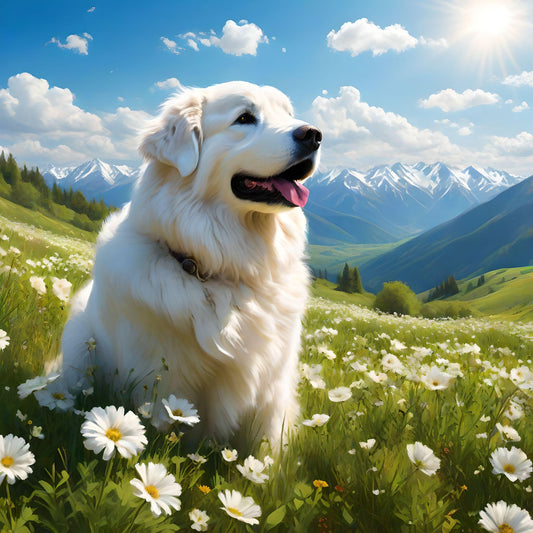 White Flower Meadow Great Pyrenees Diamond Art Kit