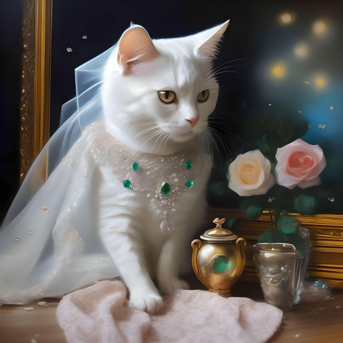 Emerald Collar White Cat Diamond Art Kit