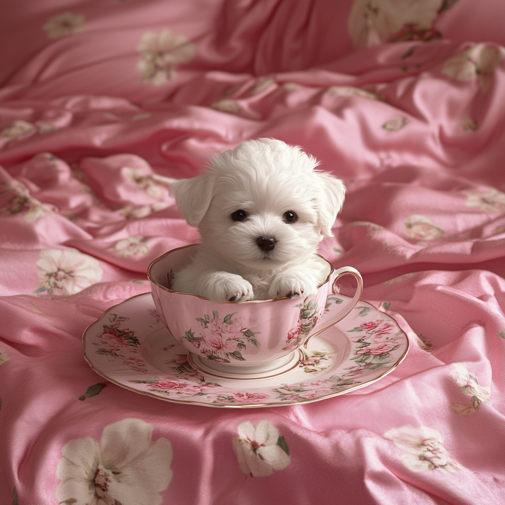 Tiny White Puppy Flower Teacup Diamond Art Kit