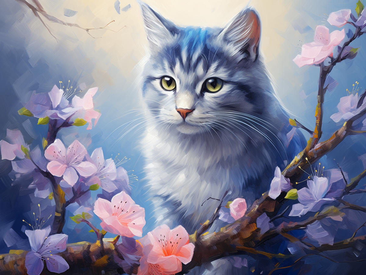 Blue Hue Cat Blossoms Diamond Art Kit