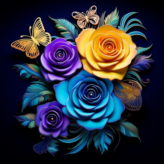 Blue Purple Roses Butterflies Diamond Art Kit
