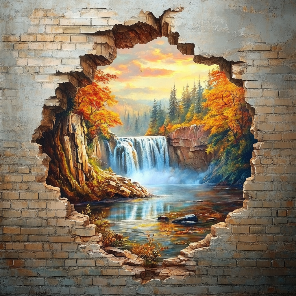 Brick Wall Forest Waterfall Diamond Art Kit
