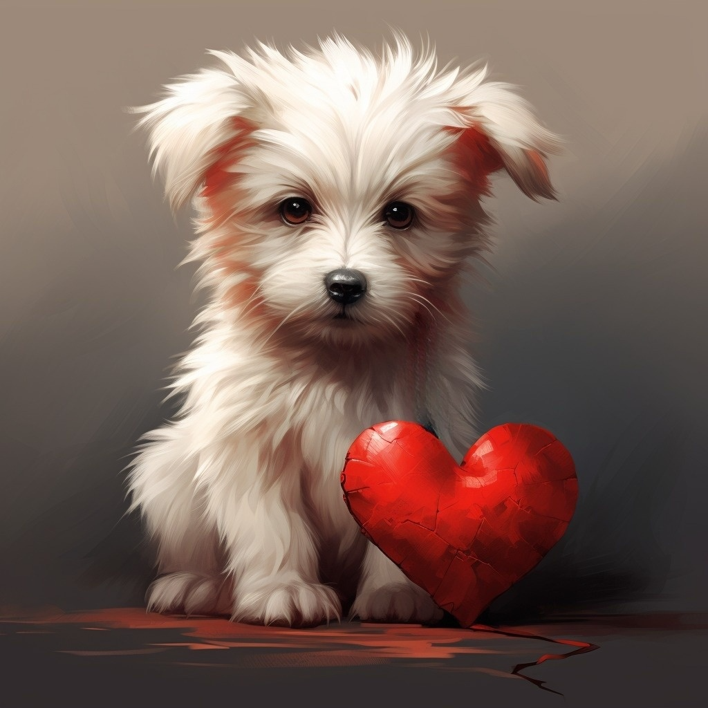 White Puppy And Red Heart Diamond Art Kit