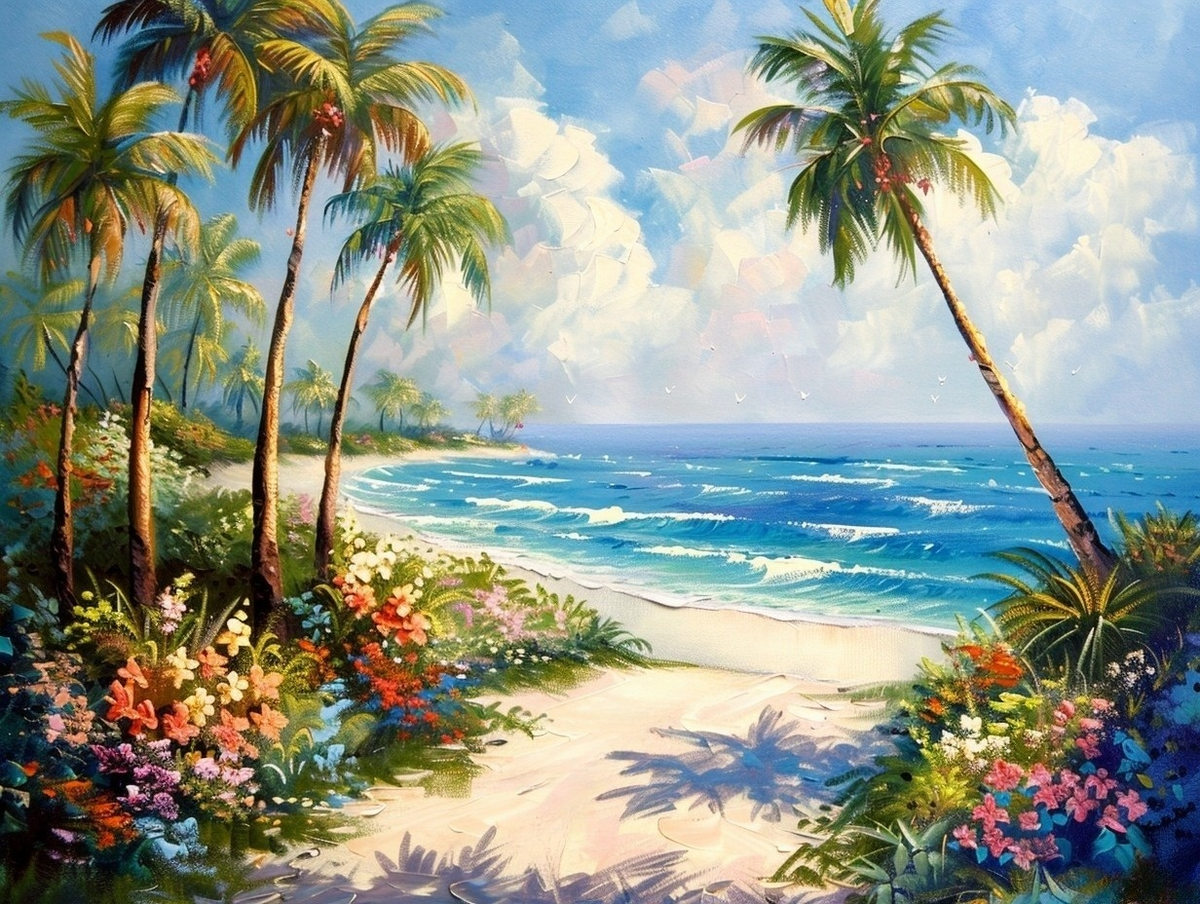 Palms And Flowers Beach Path Diamond Art Kit
