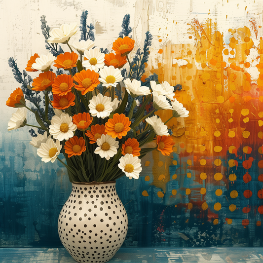 Polkadot White Vase Flowers Diamond Art Kit