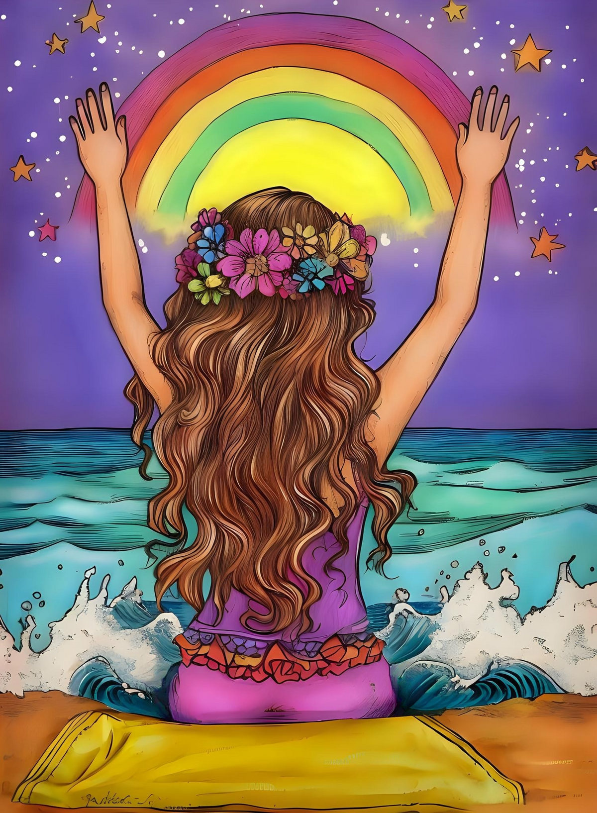 Bright Rainbow Beach Girl Diamond Art Kit