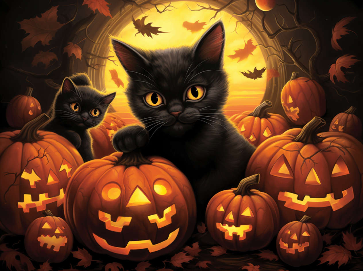 Two Kittens Jacko Lanterns Diamond Art Kit