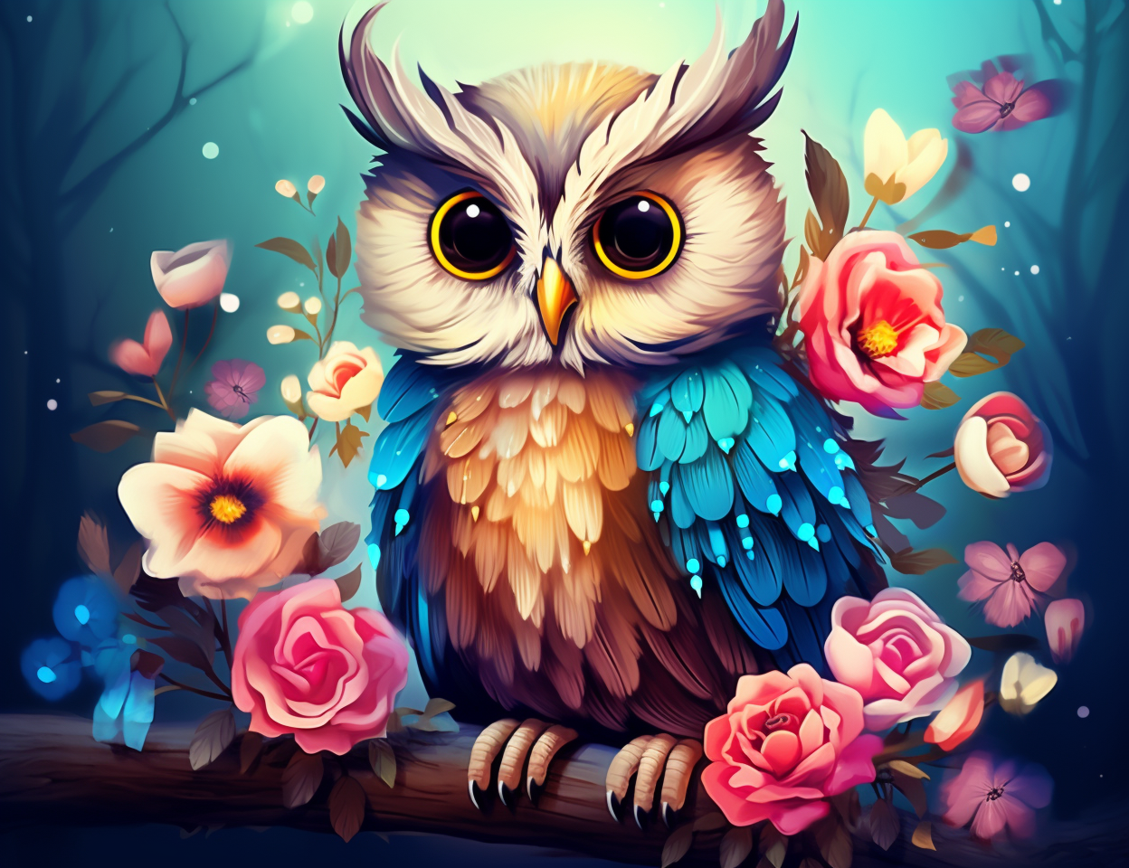 Owl On A Branch With Flowers Diamond Art Kit