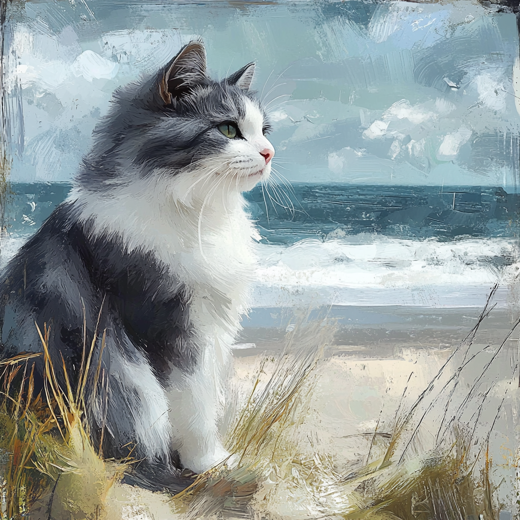 Long Hair Grey White Cat Beach Diamond Art Kit