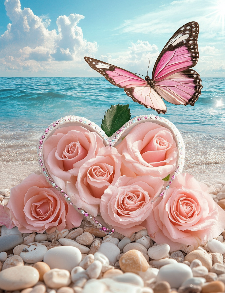Pink Roses Beach Butterfly Diamond Art Kit