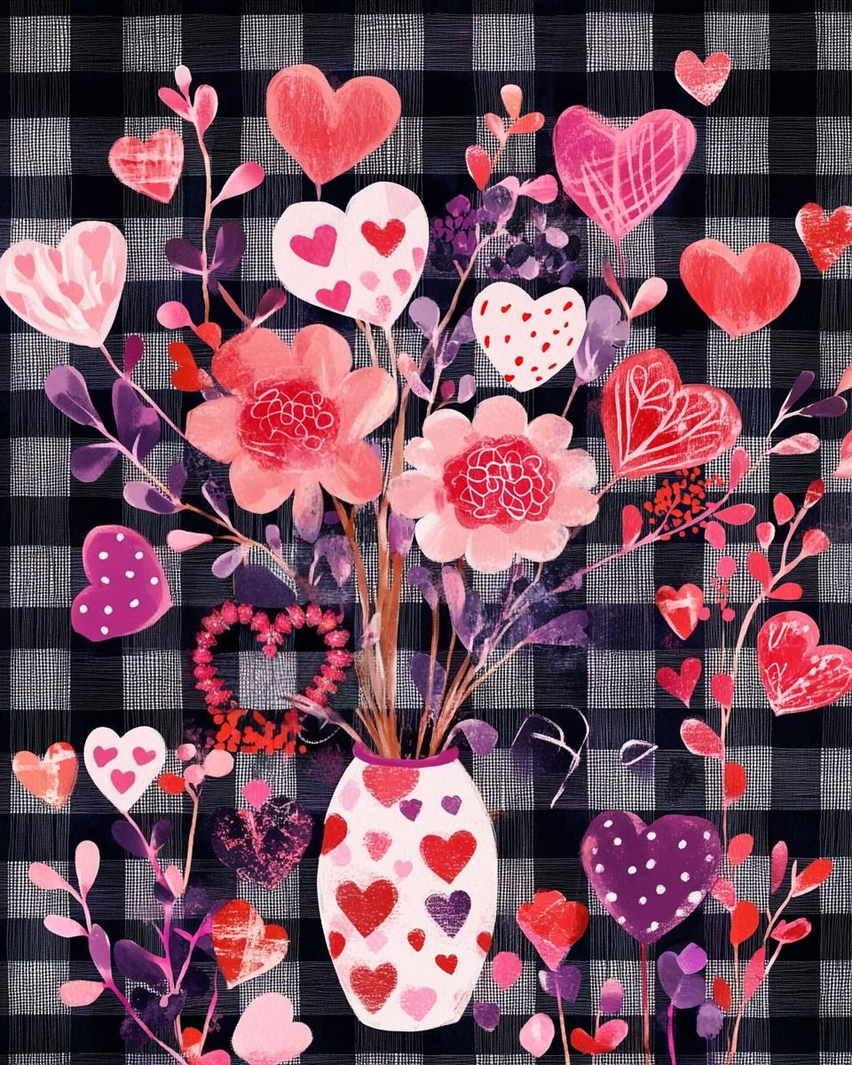 Plaid Background Hearts And Flowers Diamond Art Kit