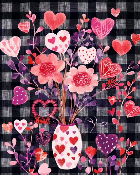 Plaid Background Hearts And Flowers Diamond Art Kit