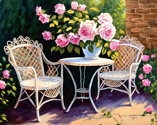 Pink Rose Table Chairs Diamond Art Kit
